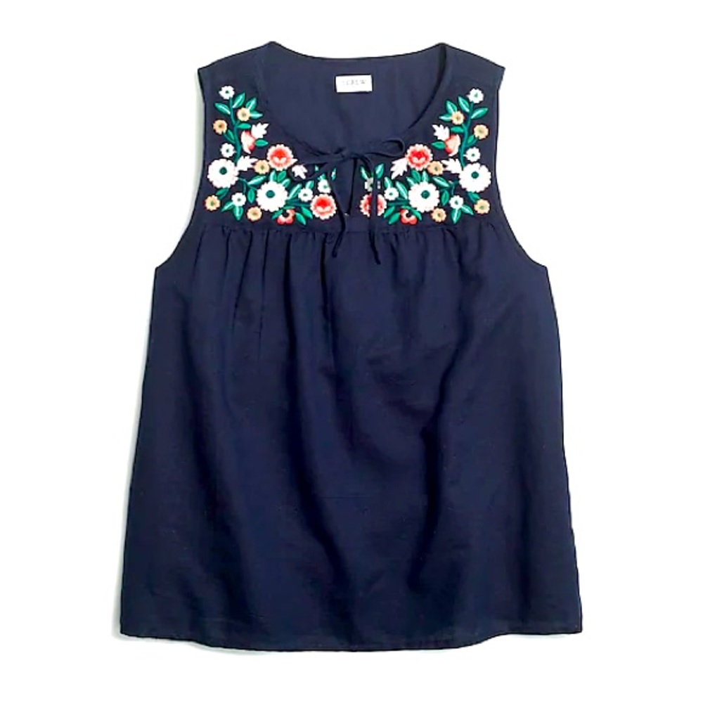J.Crew Embroidered tie-neck top, Navy, size S